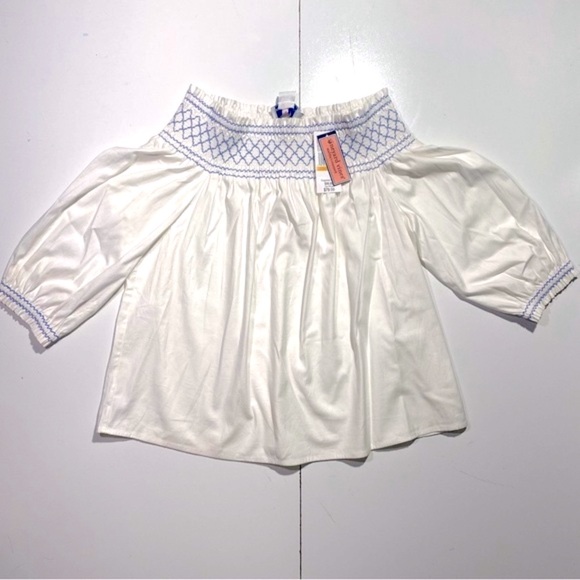 Vineyard Vines Smocked Off The Shoulder Blue Embroidered Neck Cuff Top NWT S - Picture 7 of 16